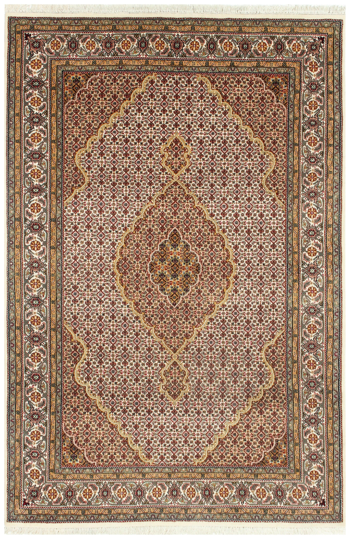 6x9 Fine Hand Knotted Wool Rug – Traditional Heriz Medallion in Brown, Ivory, Rust & Gold.