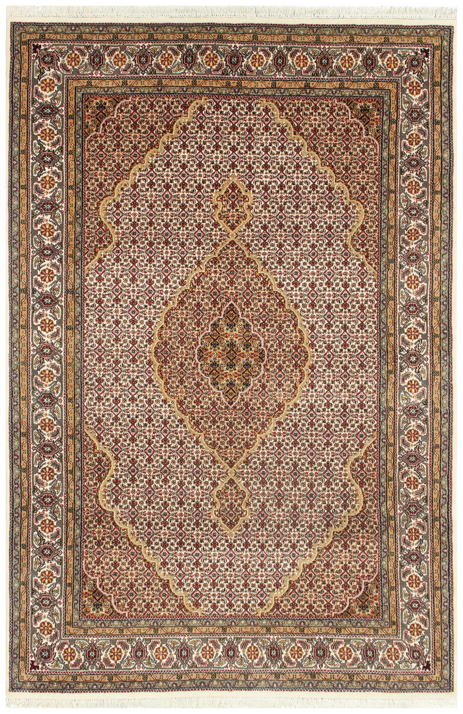 6x9 Fine Hand Knotted Wool Rug – Traditional Heriz Medallion in Brown, Ivory, Rust & Gold.