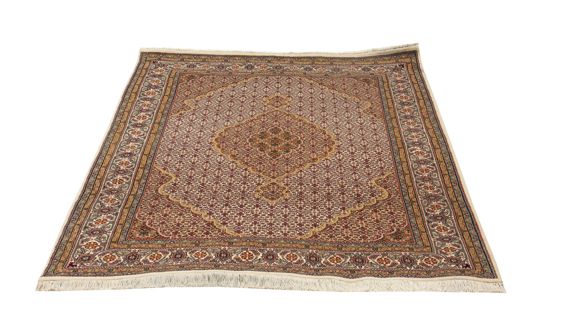 6x9 Fine Hand Knotted Wool Rug – Traditional Heriz Medallion in Brown, Ivory, Rust & Gold.