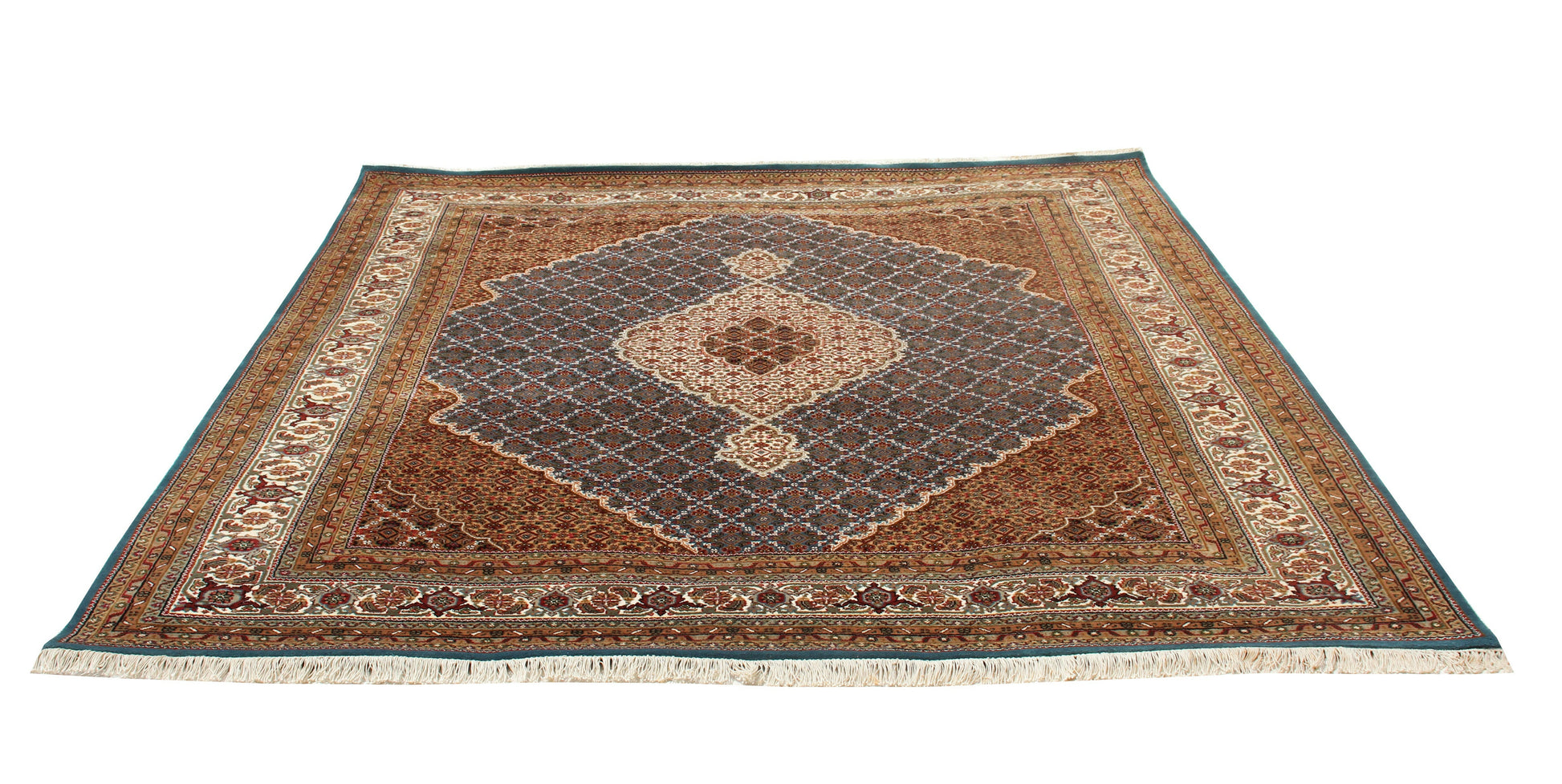 Premium look Fine Hand Knotted Ivory, Blue, Gold and Brown Traditional Heriz medallion design Custom made wool area rug.