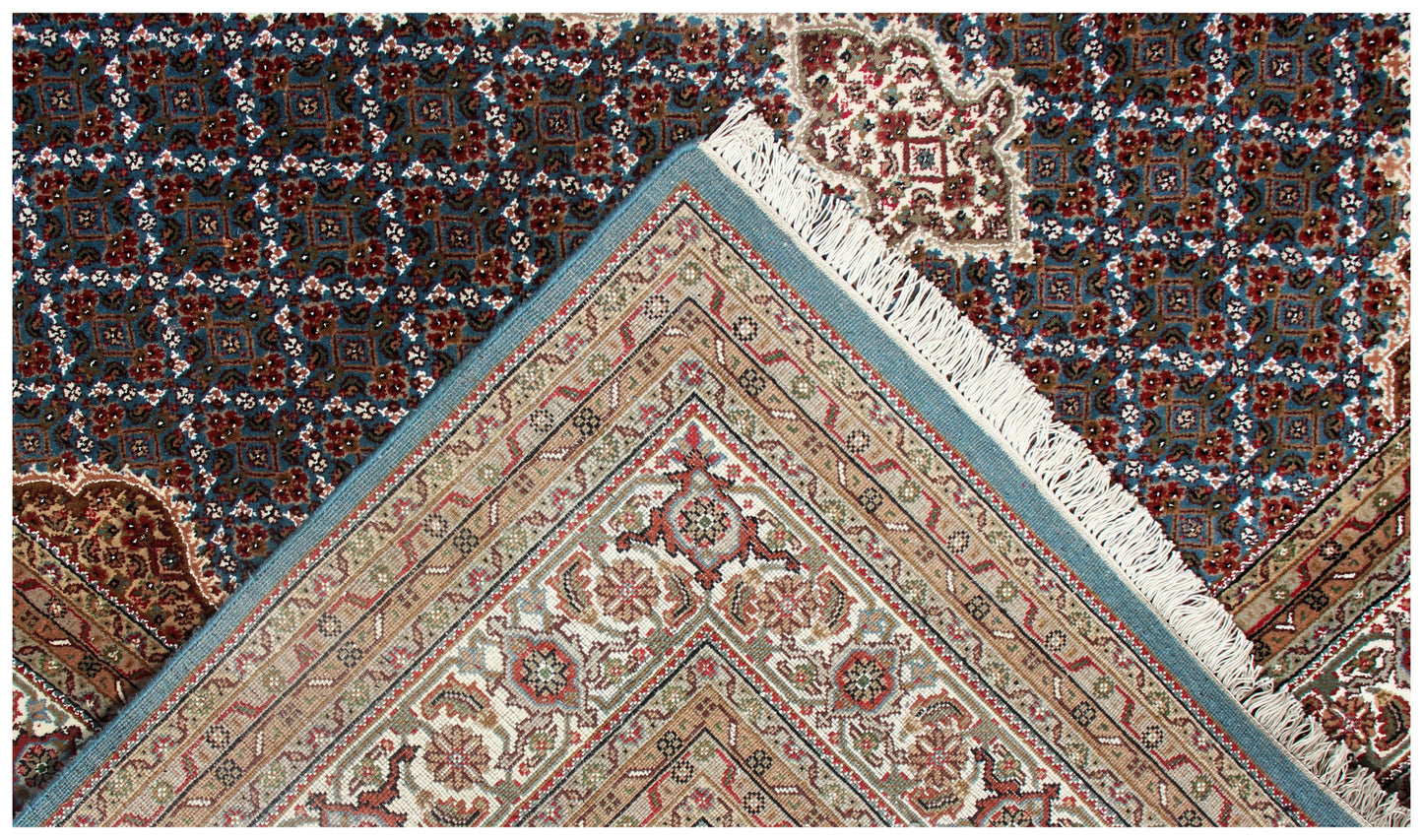 Premium look Fine Hand Knotted Ivory, Blue, Gold and Brown Traditional Heriz medallion design Custom made wool area rug.