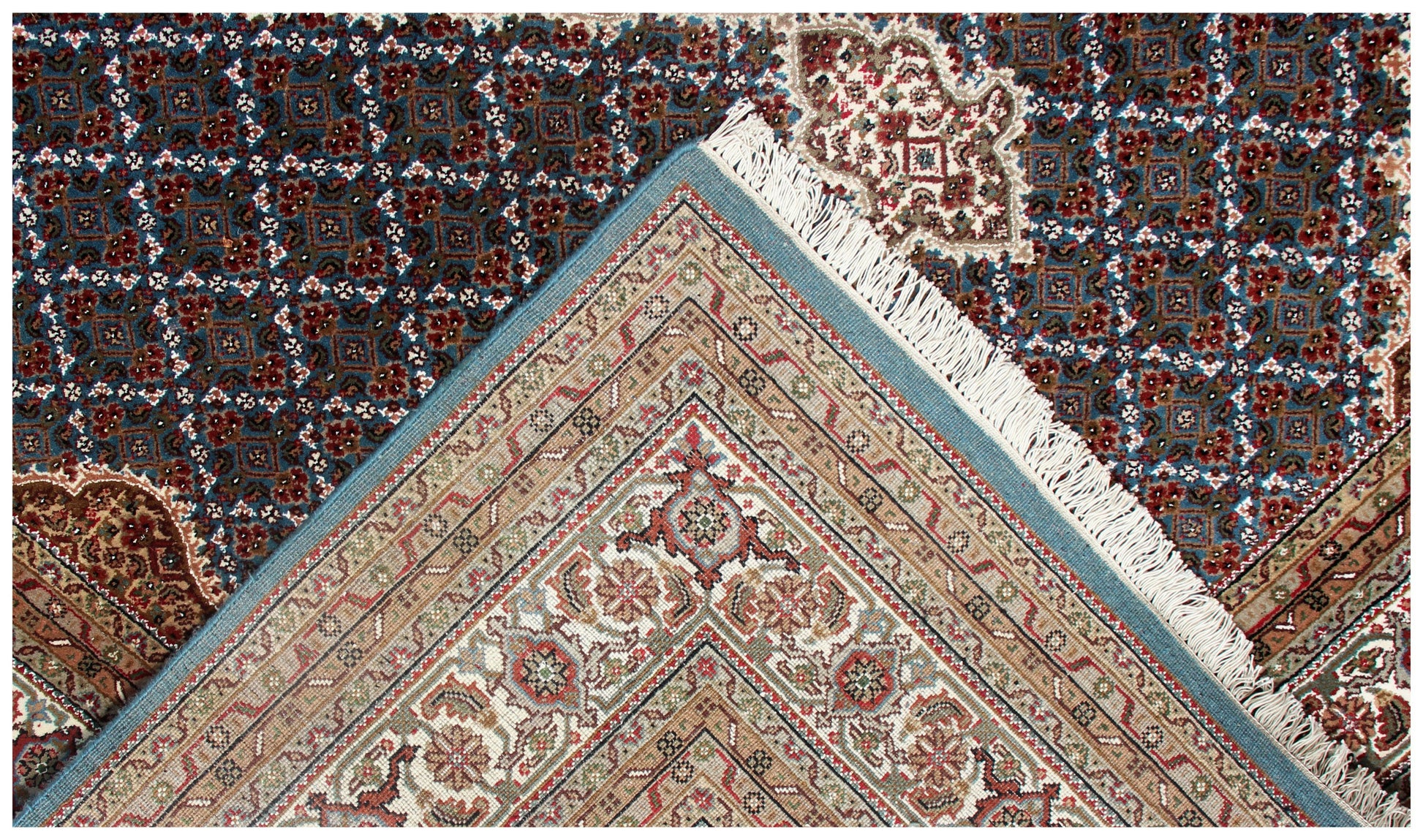 Premium look Fine Hand Knotted Ivory, Blue, Gold and Brown Traditional Heriz medallion design Custom made wool area rug.