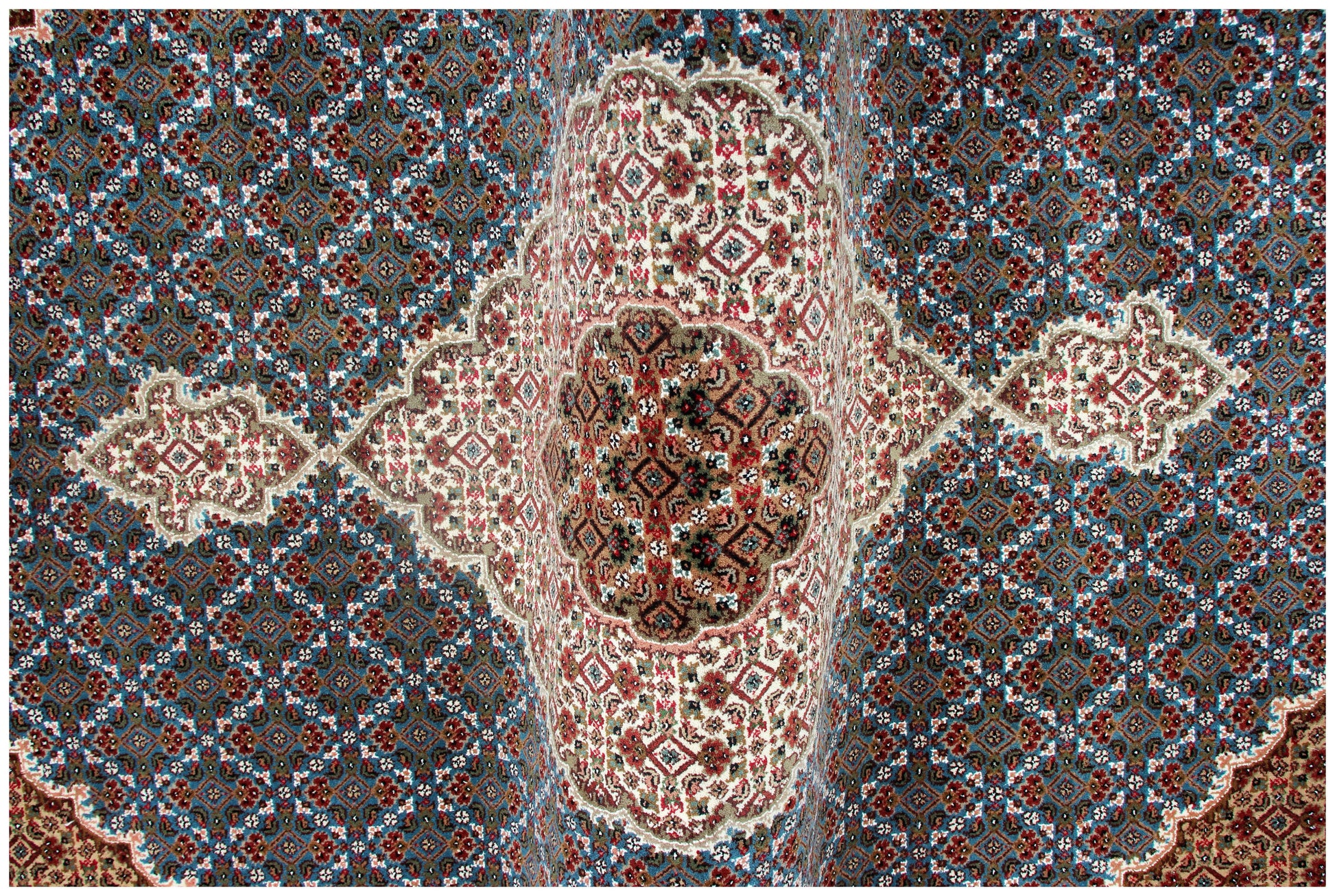 Premium look Fine Hand Knotted Ivory, Blue, Gold and Brown Traditional Heriz medallion design Custom made wool area rug.