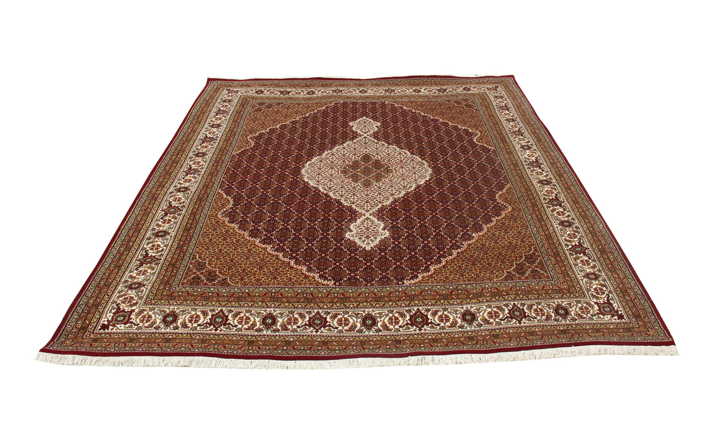 Premium look Ivory, Brown and Gold Traditional Heriz Hand knotted medallion design custom made wool area rug.