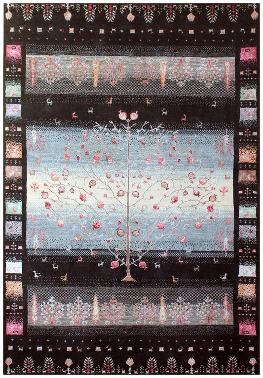 Tree of Life Hand Knotted Wool Rug 5.6x8 - Blue Black Traditional Rug