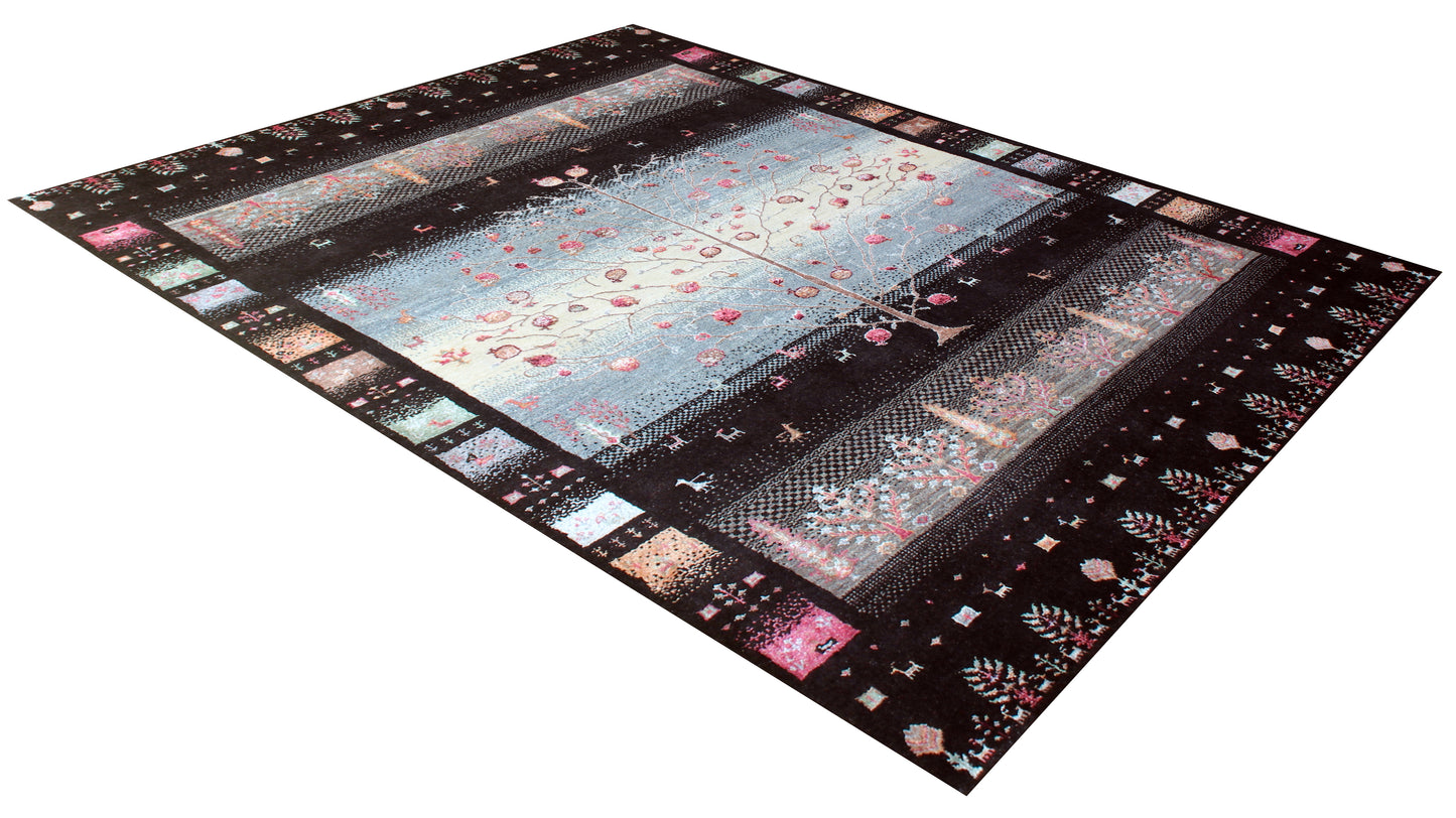 Tree of Life Hand Knotted Wool Rug 5.6x8 - Blue Black Traditional Rug