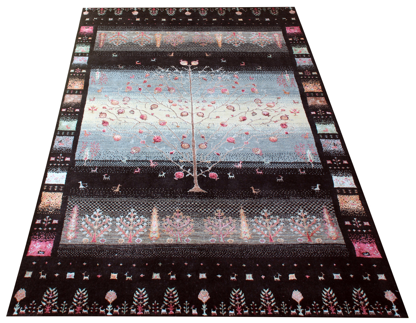 Tree of Life Hand Knotted Wool Rug 5.6x8 - Blue Black Traditional Rug