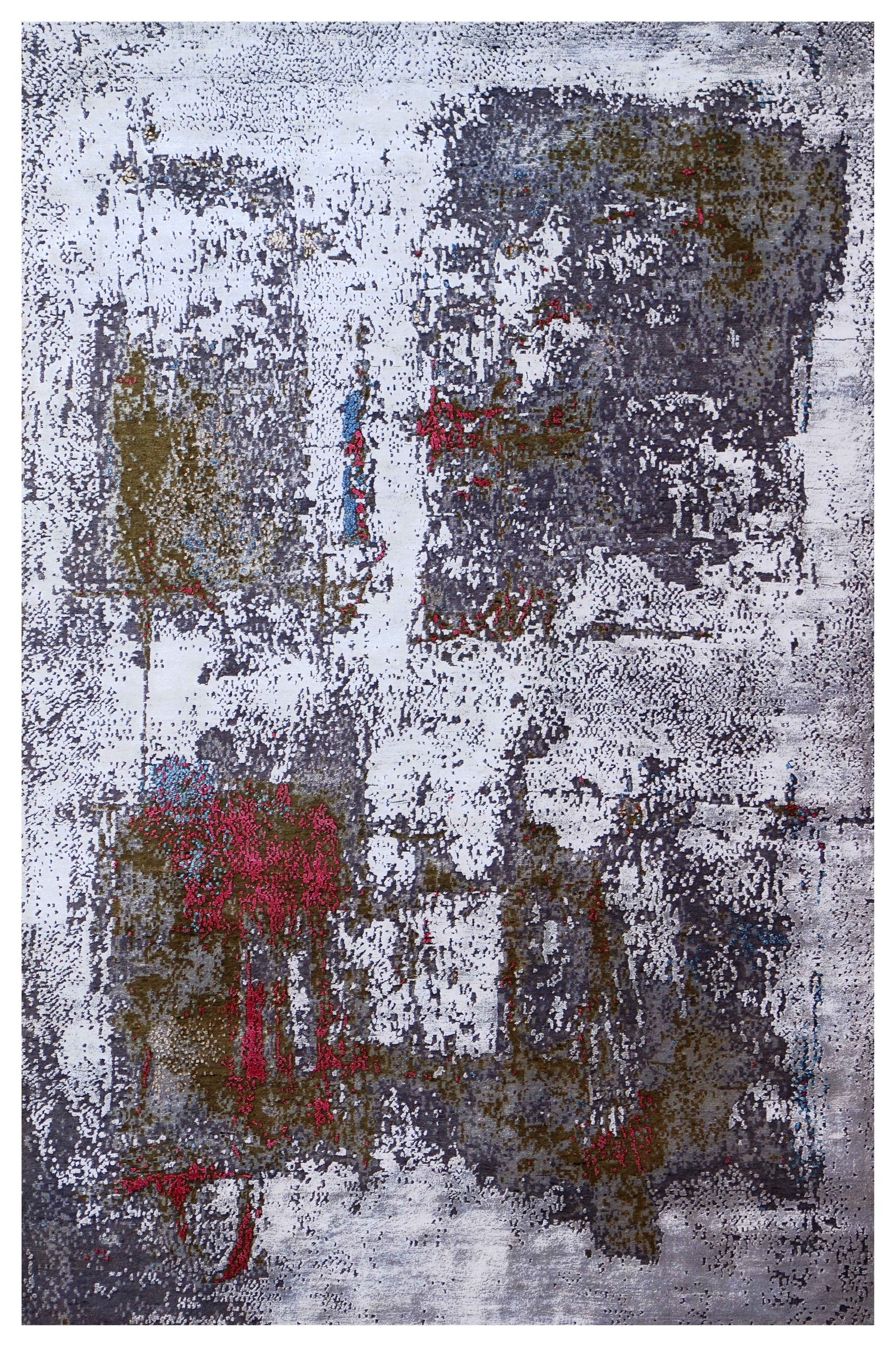Silver Grey Charcoal Crimson Olive Abstract Expressionist Hand Knotted Wool Viscose 6x9 Bhadohi Area Rug