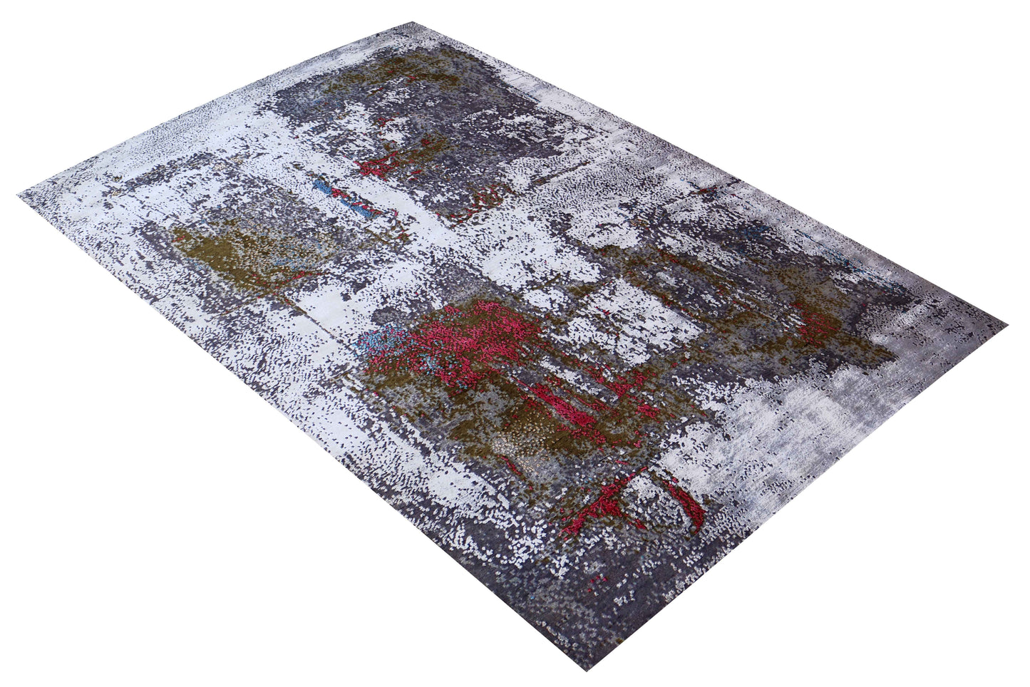 Silver Grey Charcoal Crimson Olive Abstract Expressionist Hand Knotted Wool Viscose 6x9 Bhadohi Area Rug