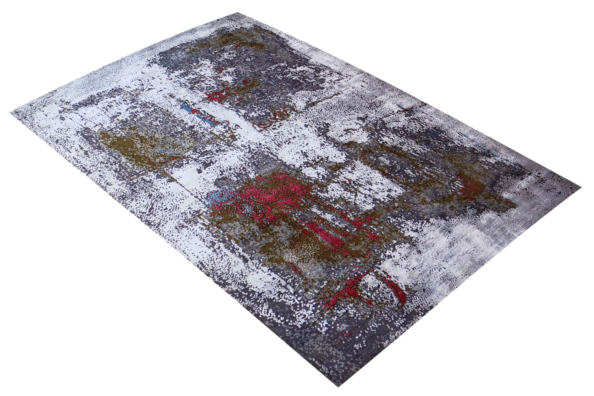 Silver Grey Charcoal Crimson Olive Abstract Expressionist Hand Knotted Wool Viscose 6x9 Bhadohi Area Rug