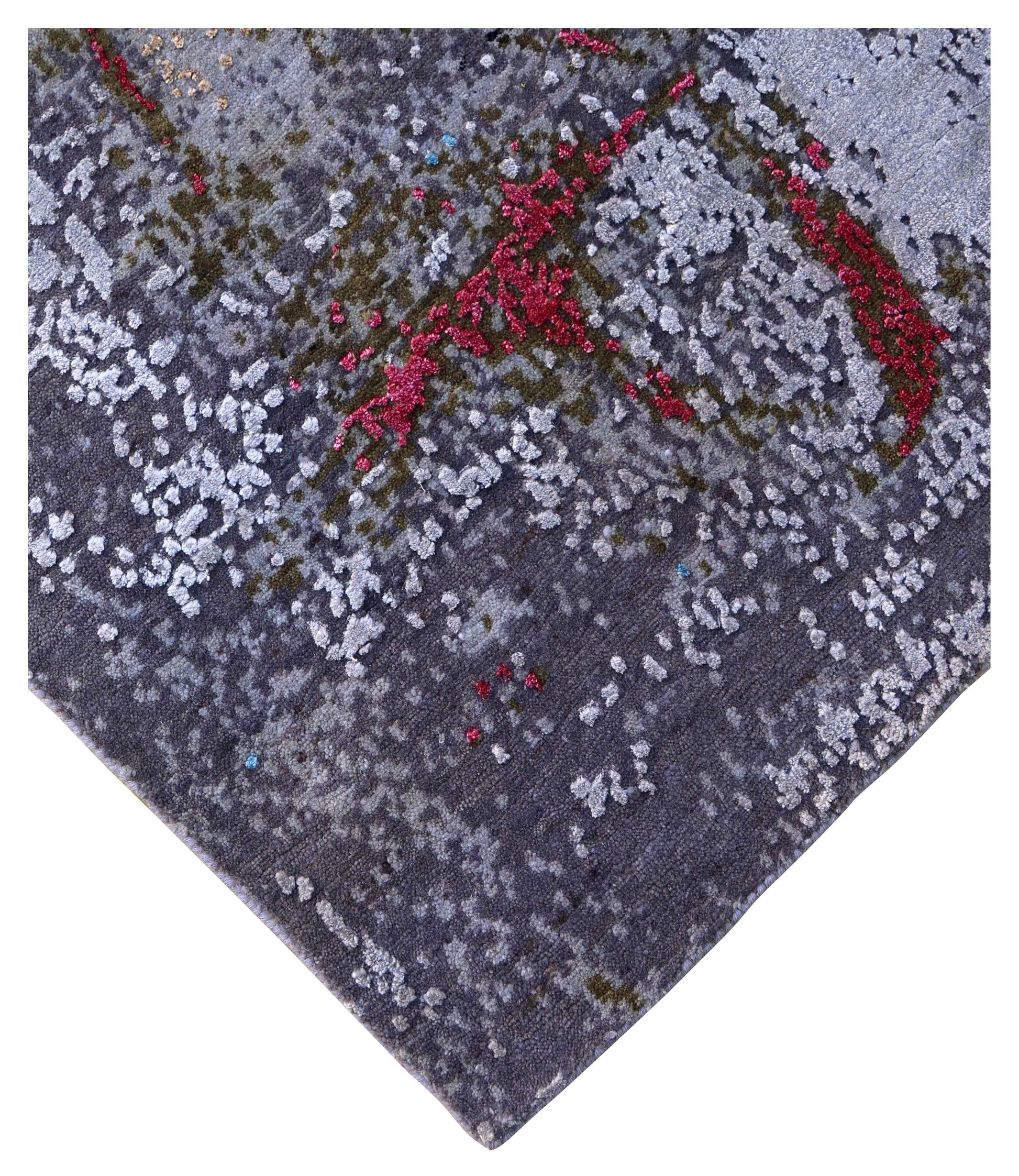 Silver Grey Charcoal Crimson Olive Abstract Expressionist Hand Knotted Wool Viscose 6x9 Bhadohi Area Rug