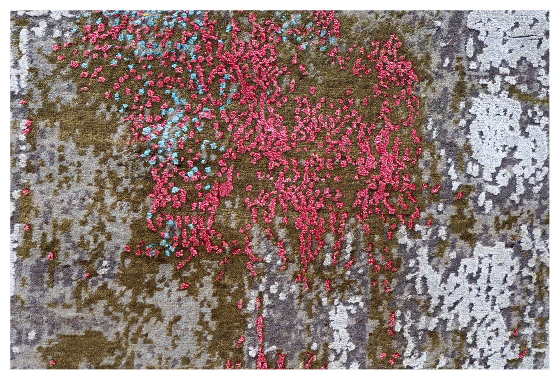 Silver Grey Charcoal Crimson Olive Abstract Expressionist Hand Knotted Wool Viscose 6x9 Bhadohi Area Rug