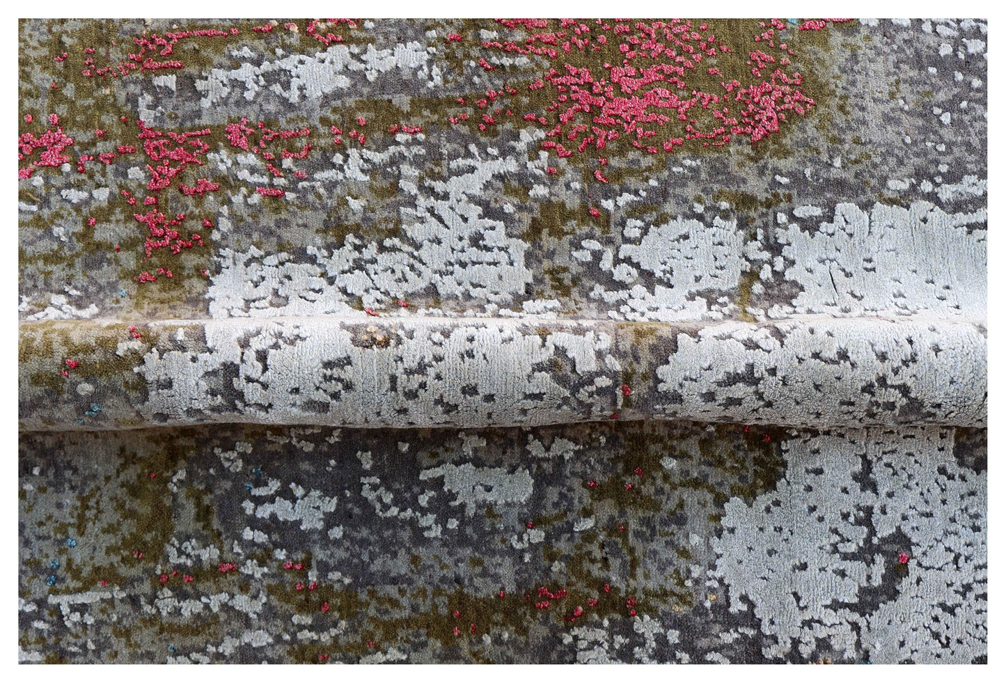 Silver Grey Charcoal Crimson Olive Abstract Expressionist Hand Knotted Wool Viscose 6x9 Bhadohi Area Rug