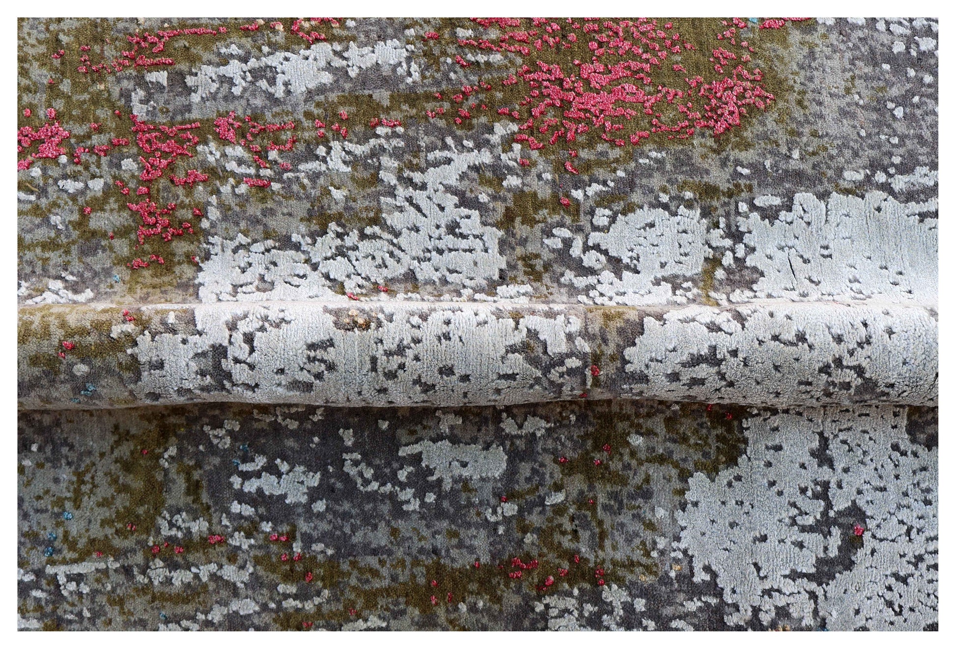 Silver Grey Charcoal Crimson Olive Abstract Expressionist Hand Knotted Wool Viscose 6x9 Bhadohi Area Rug