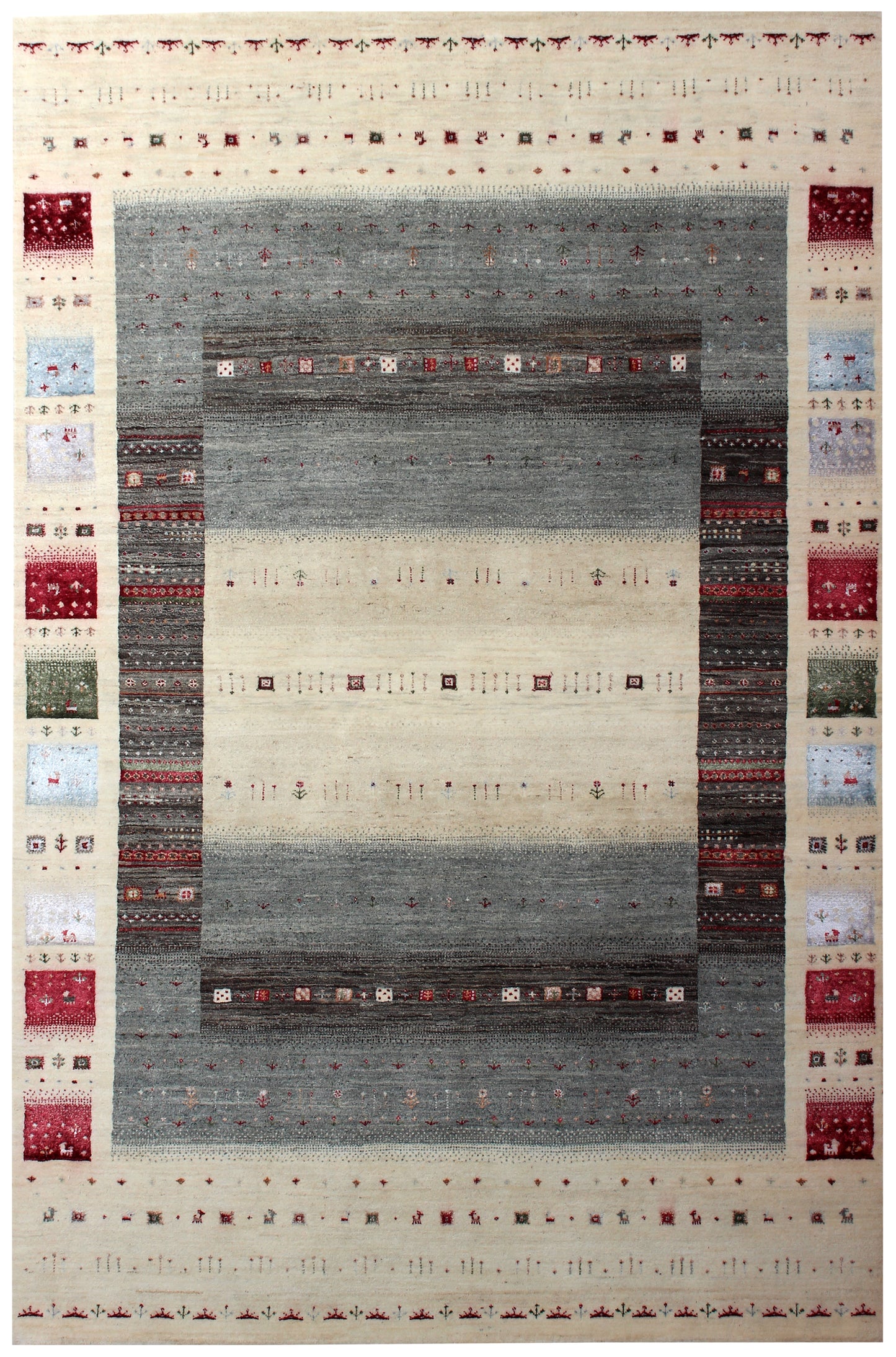 Hand Knotted Gabbeh Tribal Wool Rug 6.6x10 Ivory Grey Horizontal Bands