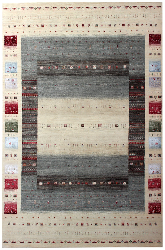 Hand Knotted Gabbeh Tribal Wool Rug 6.6x10 Ivory Grey Horizontal Bands
