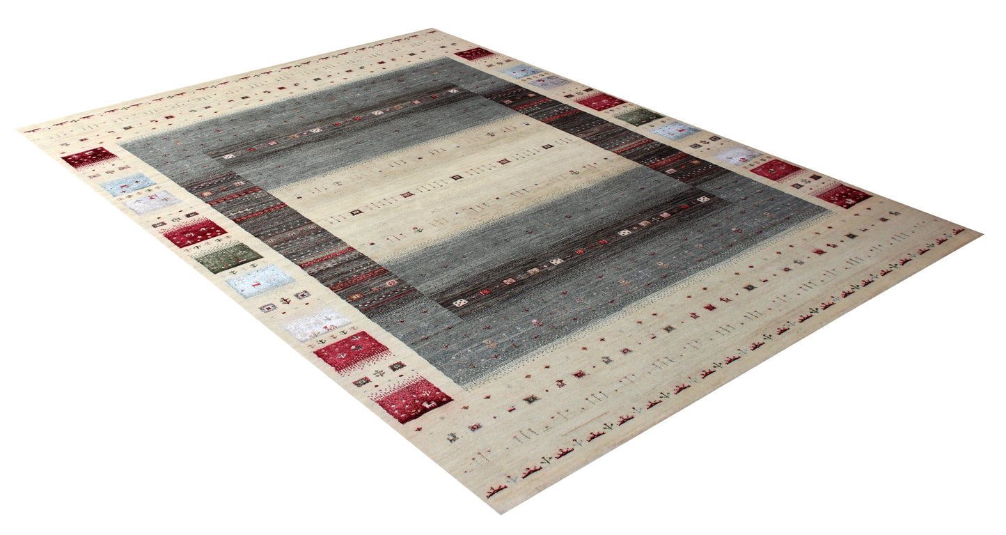 Hand Knotted Gabbeh Tribal Wool Rug 6.6x10 Ivory Grey Horizontal Bands