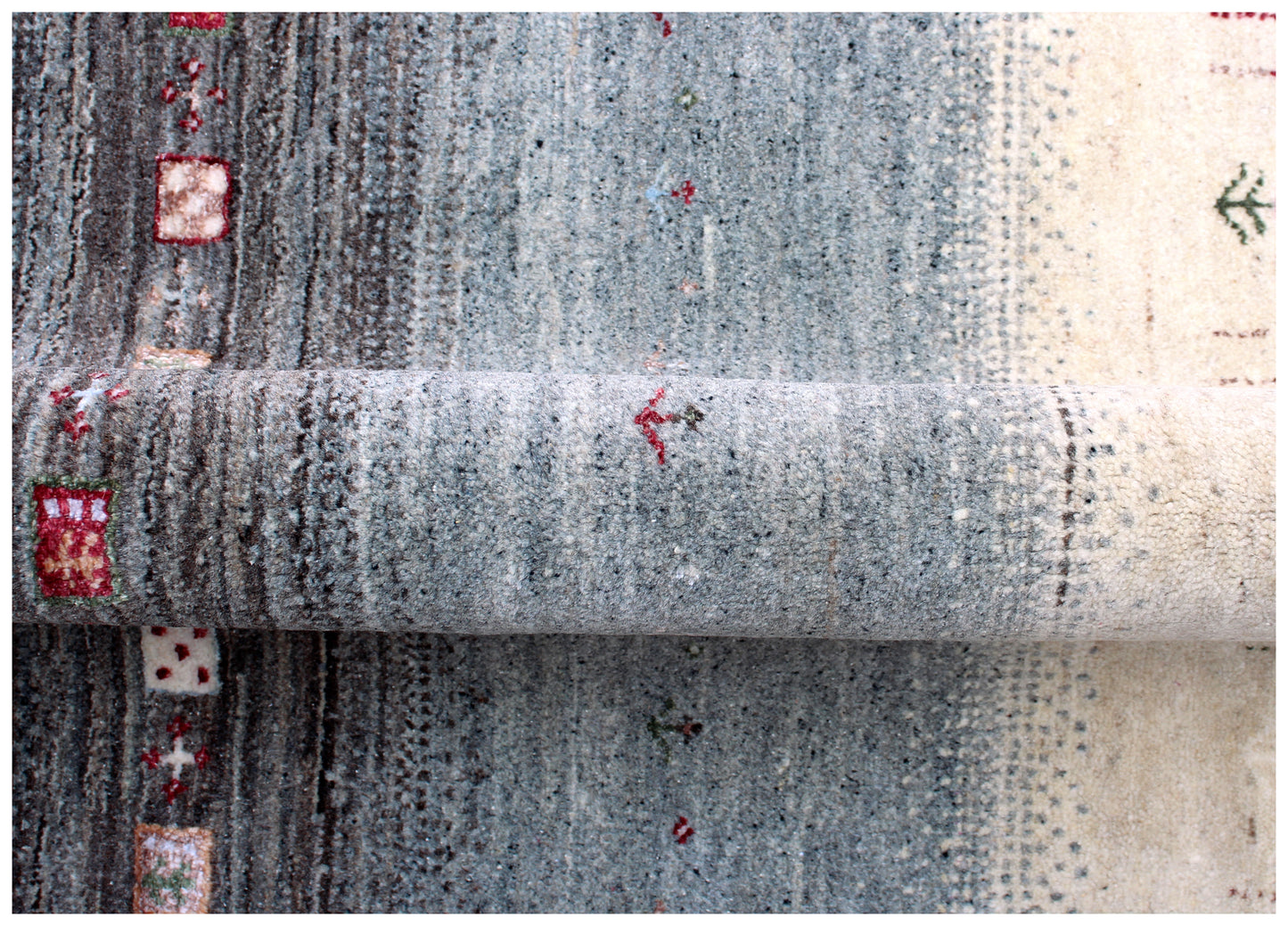 Hand Knotted Gabbeh Tribal Wool Rug 6.6x10 Ivory Grey Horizontal Bands