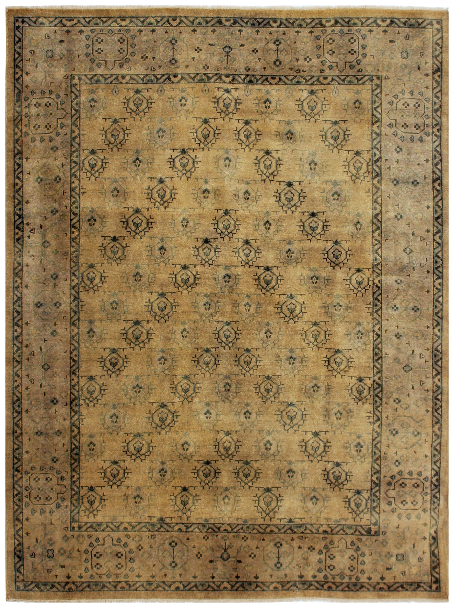 Gold Beige Grey 8x10 Hand Knotted Wool Area Rug - Vintage Antique look Oriental Geometric