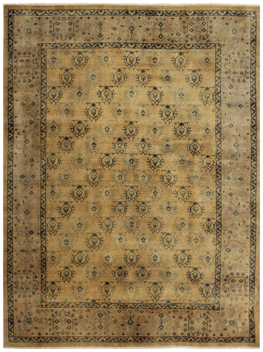 Gold Beige Grey 8x10 Hand Knotted Wool Area Rug - Vintage Antique look Oriental Geometric