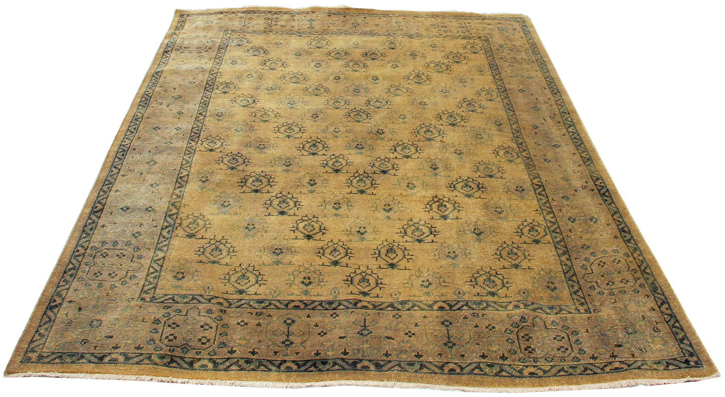 Gold Beige Grey 8x10 Hand Knotted Wool Area Rug - Vintage Antique look Oriental Geometric