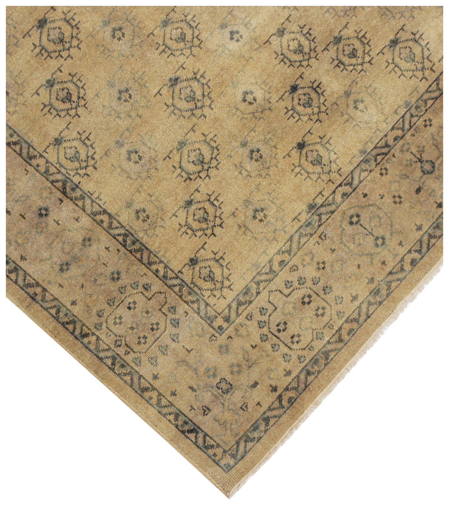 Gold Beige Grey 8x10 Hand Knotted Wool Area Rug - Vintage Antique look Oriental Geometric