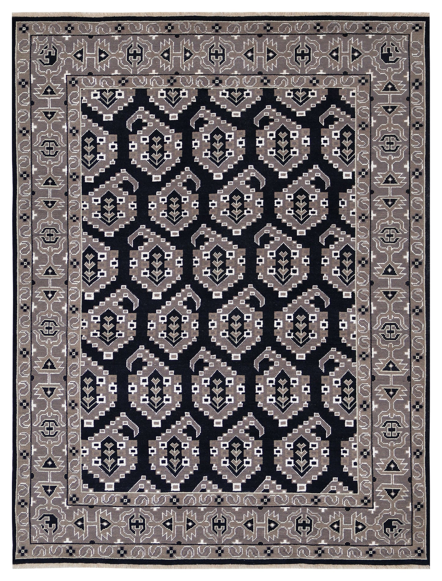 Black Charcoal Grey Silver Afghan Tribal Geometric All Over Hand Knotted Wool 8x10 Bhadohi Area Rug