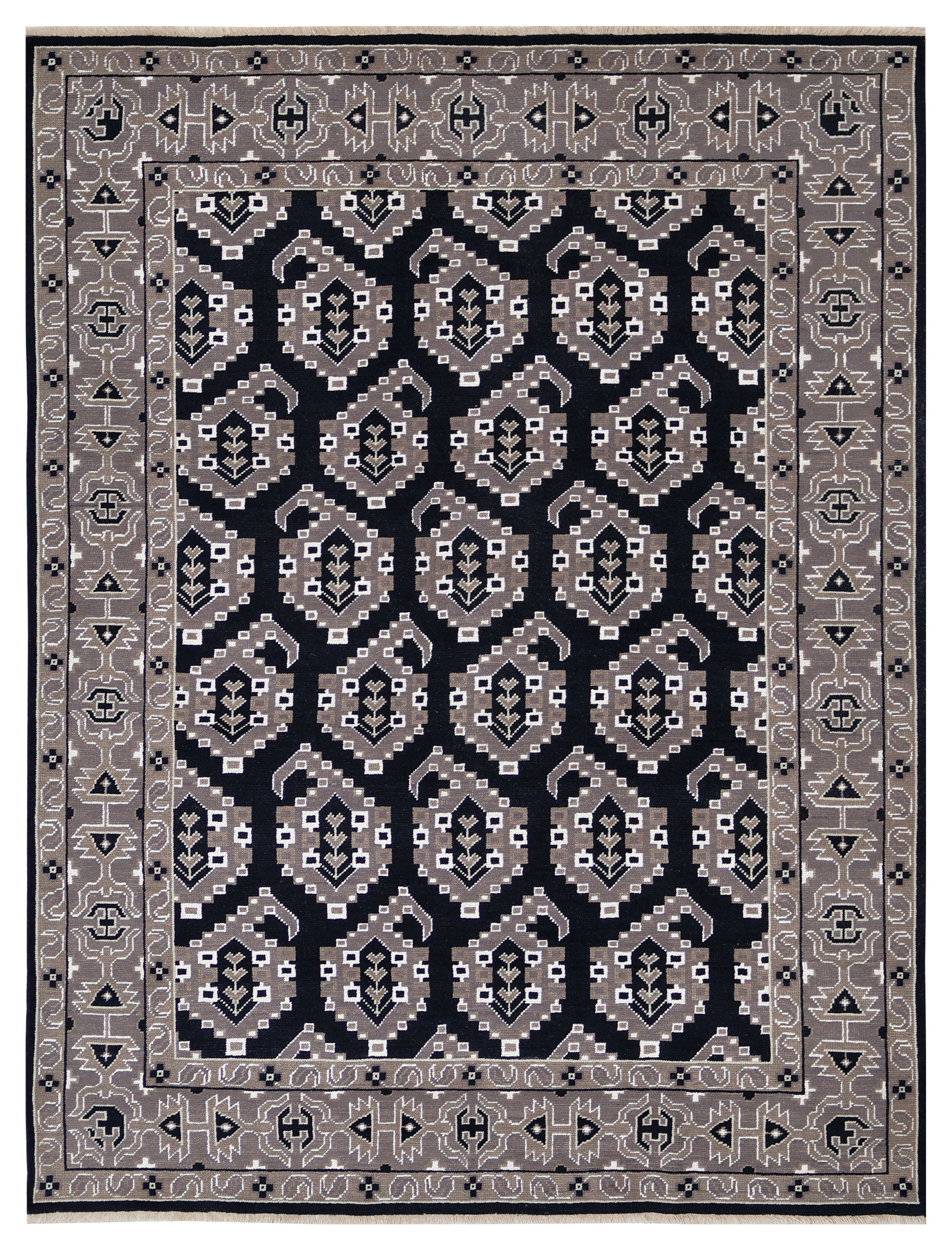 Black Charcoal Grey Silver Afghan Tribal Geometric All Over Hand Knotted Wool 8x10 Bhadohi Area Rug
