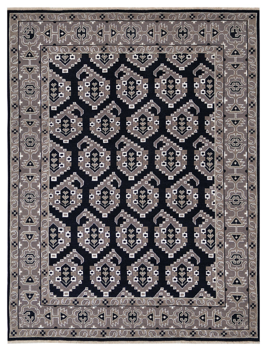 Black Charcoal Grey Silver Afghan Tribal Geometric All Over Hand Knotted Wool 8x10 Bhadohi Area Rug