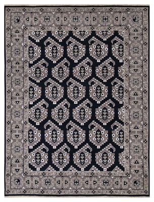 Black Charcoal Grey Silver Afghan Tribal Geometric All Over Hand Knotted Wool 8x10 Bhadohi Area Rug