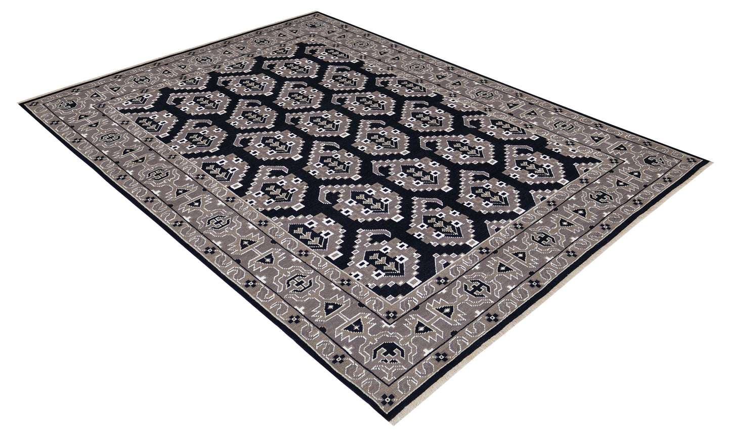 Black Charcoal Grey Silver Afghan Tribal Geometric All Over Hand Knotted Wool 8x10 Bhadohi Area Rug