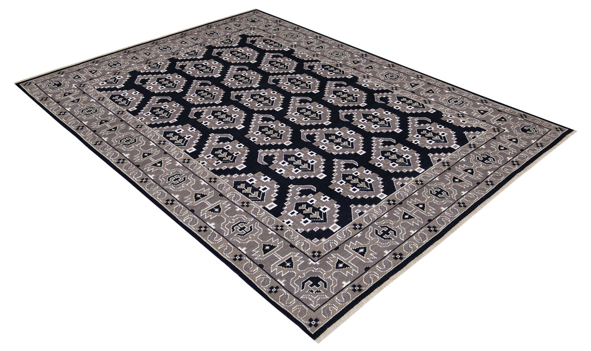 Black Charcoal Grey Silver Afghan Tribal Geometric All Over Hand Knotted Wool 8x10 Bhadohi Area Rug