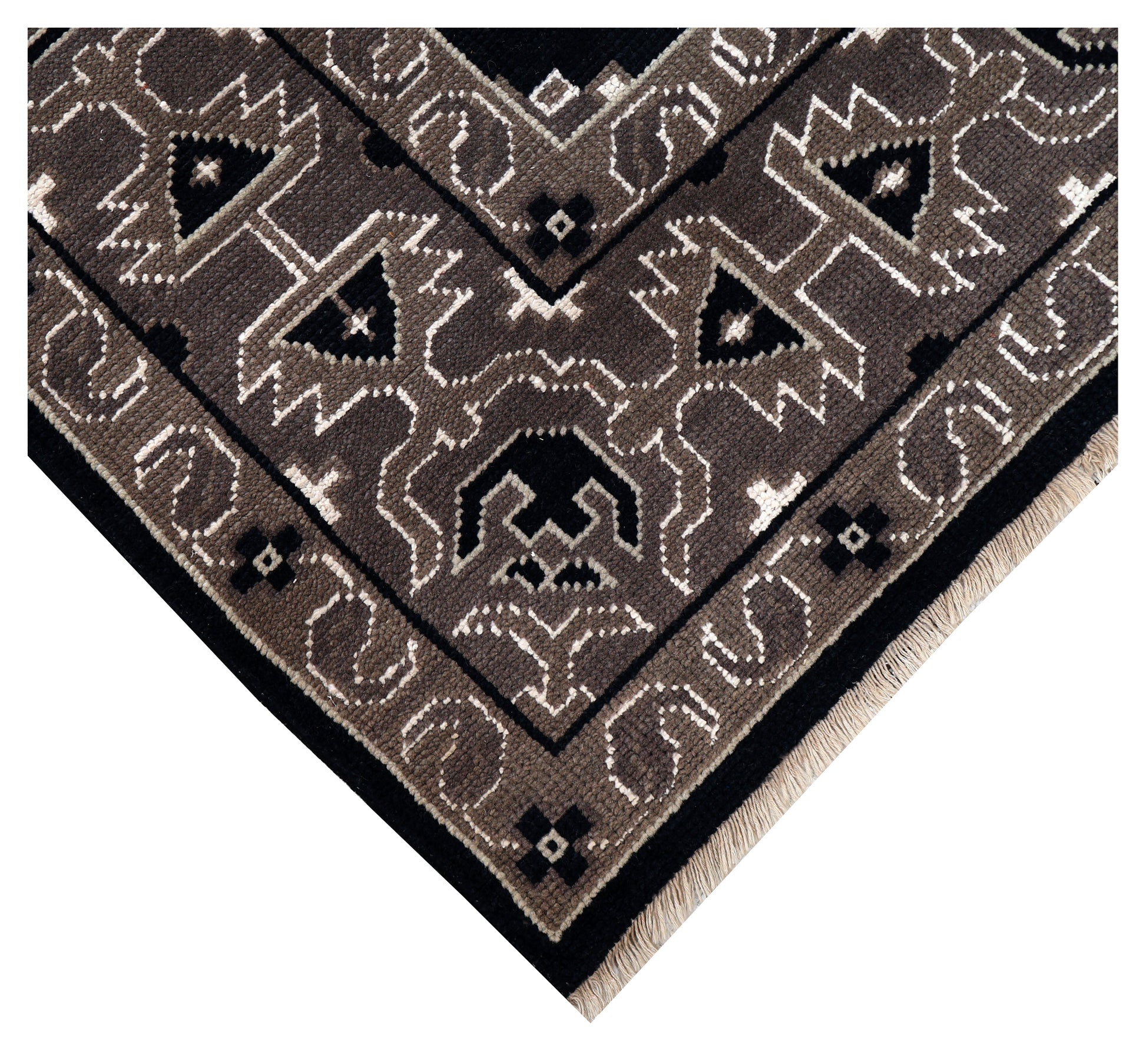 Black Charcoal Grey Silver Afghan Tribal Geometric All Over Hand Knotted Wool 8x10 Bhadohi Area Rug