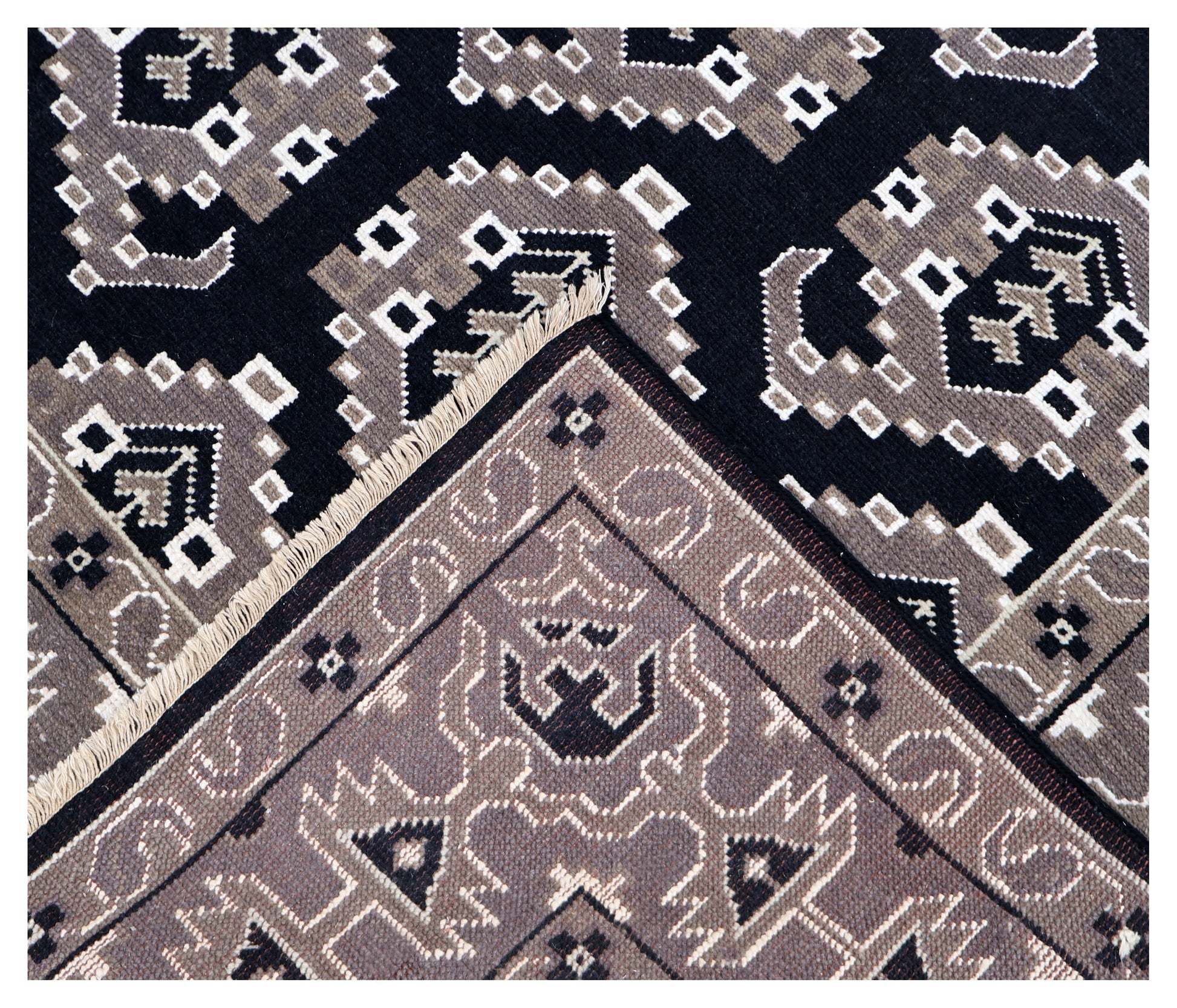 Black Charcoal Grey Silver Afghan Tribal Geometric All Over Hand Knotted Wool 8x10 Bhadohi Area Rug