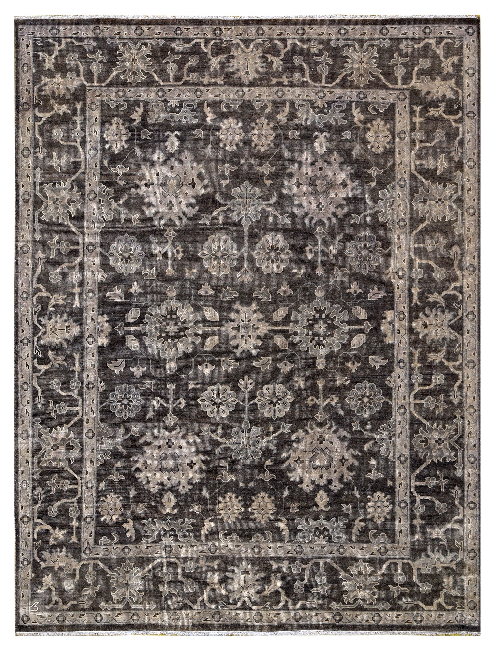 Charcoal Beige Oushak Floral Vine Wool Hand Knotted Antique Vintage 8x10 Area Rug