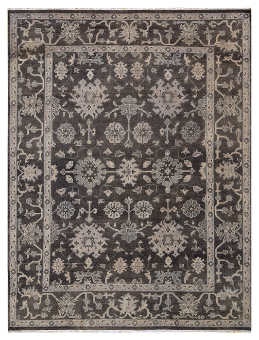Charcoal Beige Oushak Floral Vine Wool Hand Knotted Antique Vintage 8x10 Area Rug