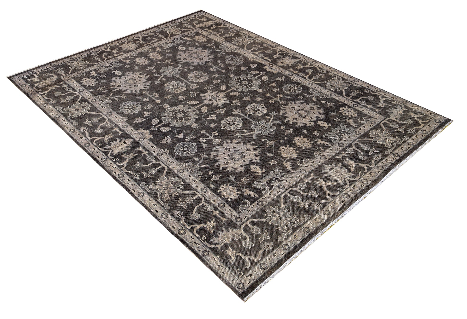 Charcoal Beige Oushak Floral Vine Wool Hand Knotted Antique Vintage 8x10 Area Rug