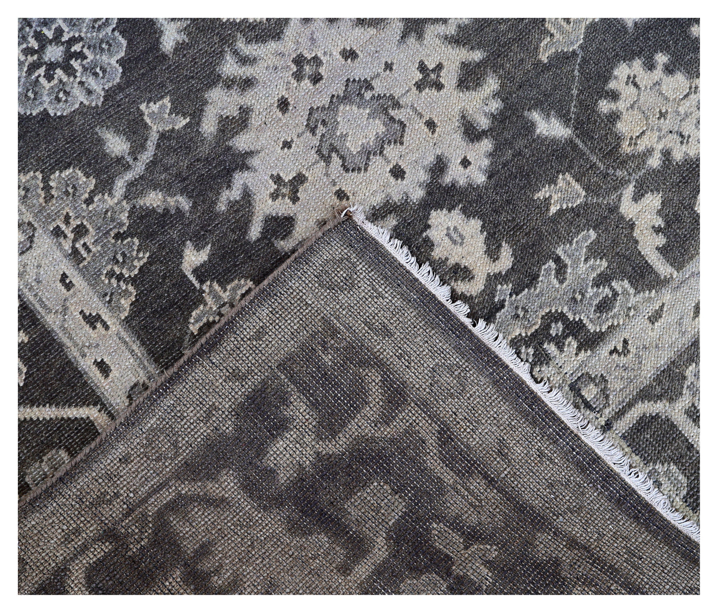 Charcoal Beige Oushak Floral Vine Wool Hand Knotted Antique Vintage 8x10 Area Rug