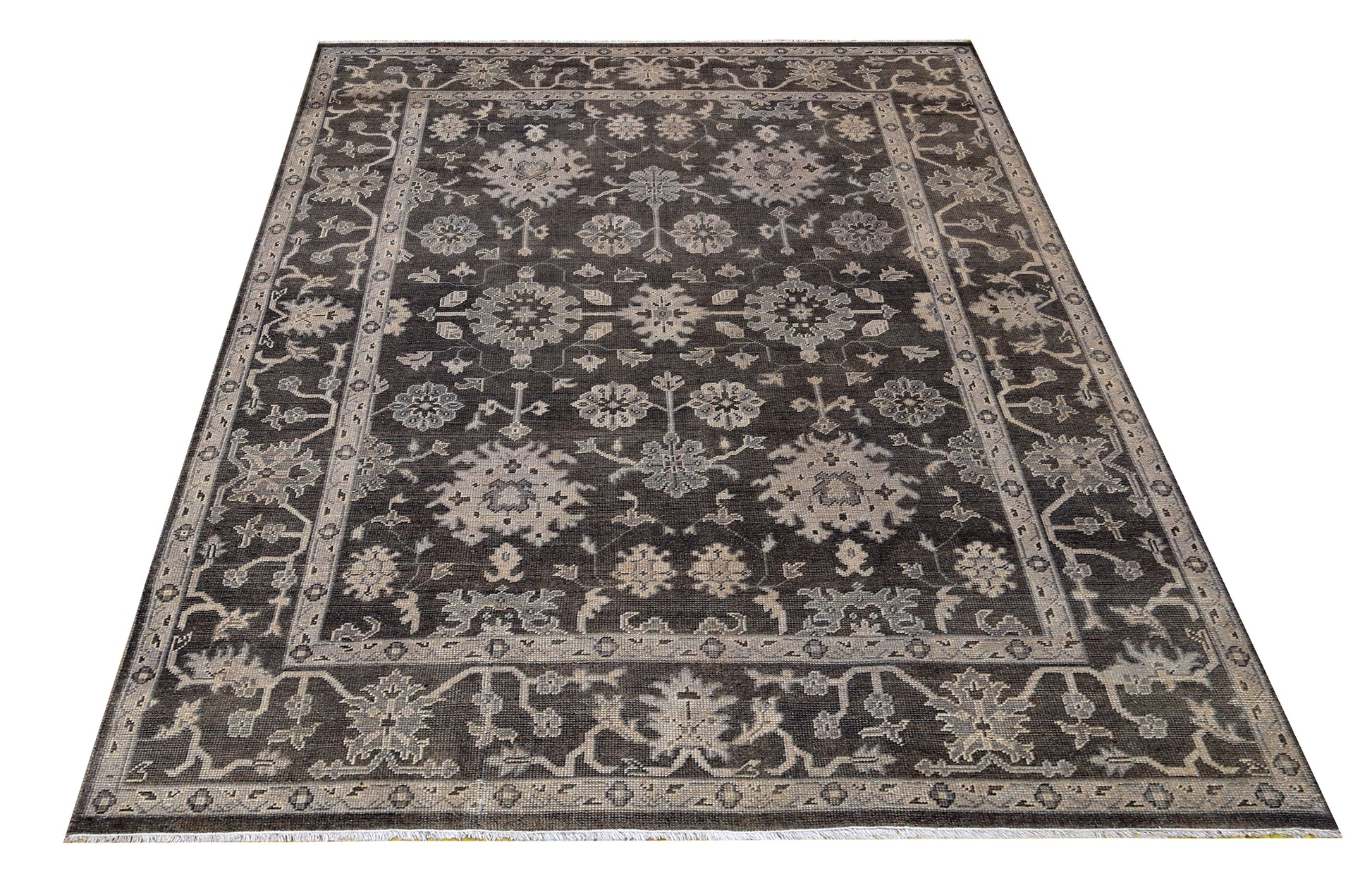 Charcoal Beige Oushak Floral Vine Wool Hand Knotted Antique Vintage 8x10 Area Rug