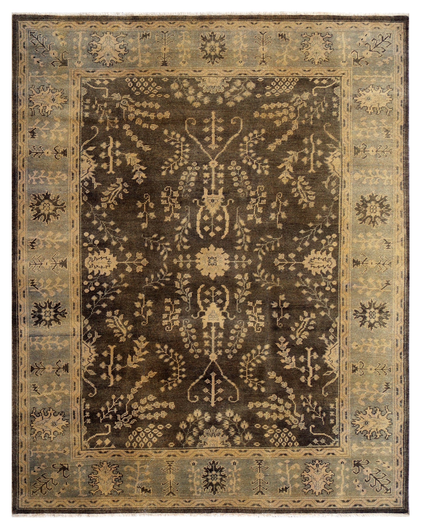 Vintage Brown Chocolate Gold Ivory Turkish Oushak Floral Vine Hand Knotted Wool Viscose 8x10 Bhadohi Area Rug