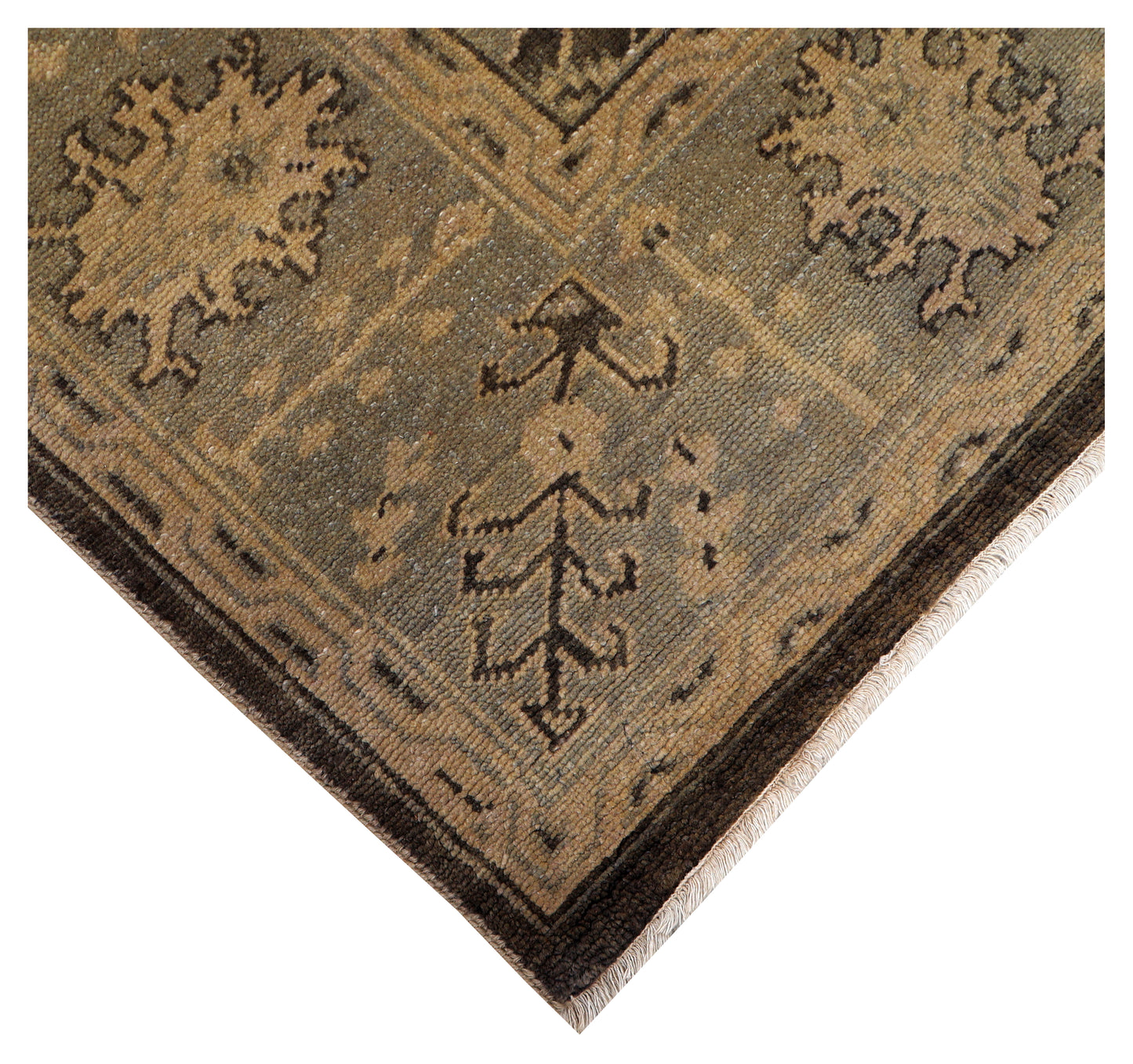 Vintage Brown Chocolate Gold Ivory Turkish Oushak Floral Vine Hand Knotted Wool Viscose 8x10 Bhadohi Area Rug