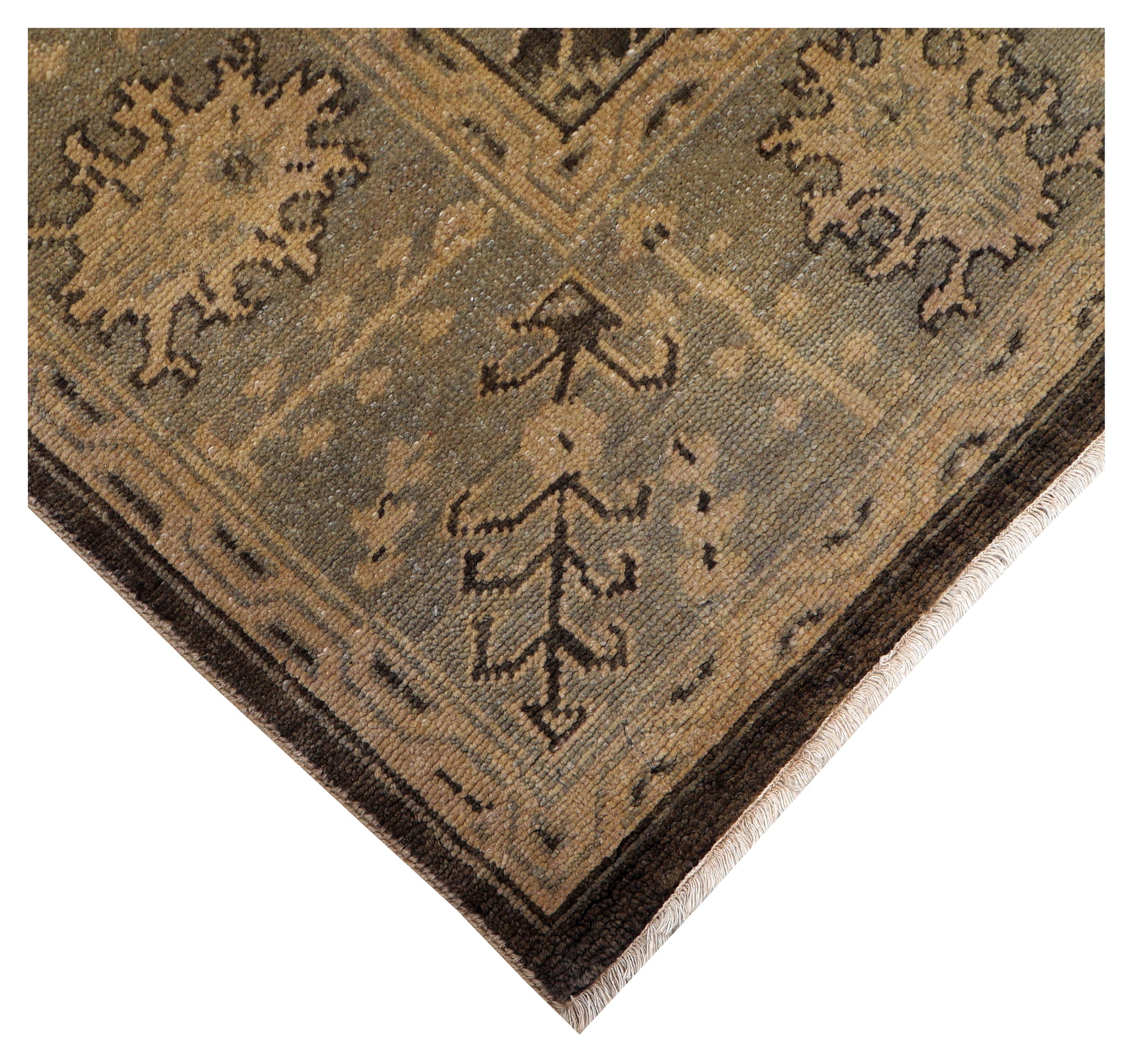 Vintage Brown Chocolate Gold Ivory Turkish Oushak Floral Vine Hand Knotted Wool Viscose 8x10 Bhadohi Area Rug