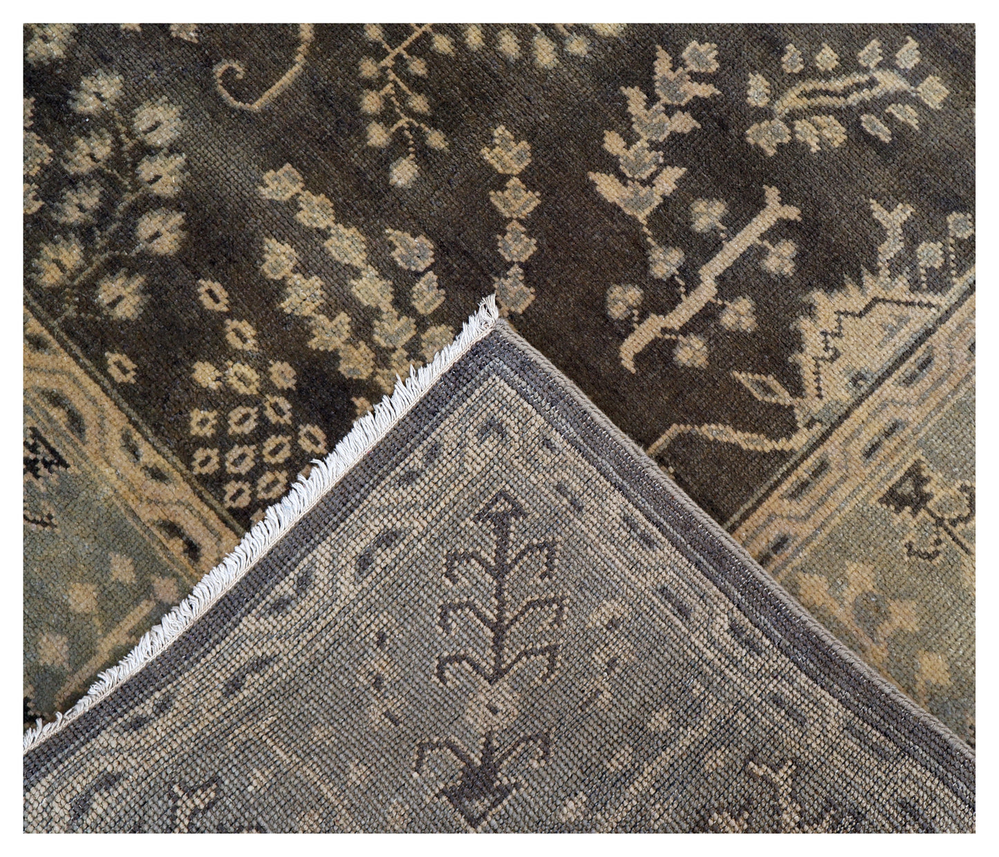 Vintage Brown Chocolate Gold Ivory Turkish Oushak Floral Vine Hand Knotted Wool Viscose 8x10 Bhadohi Area Rug