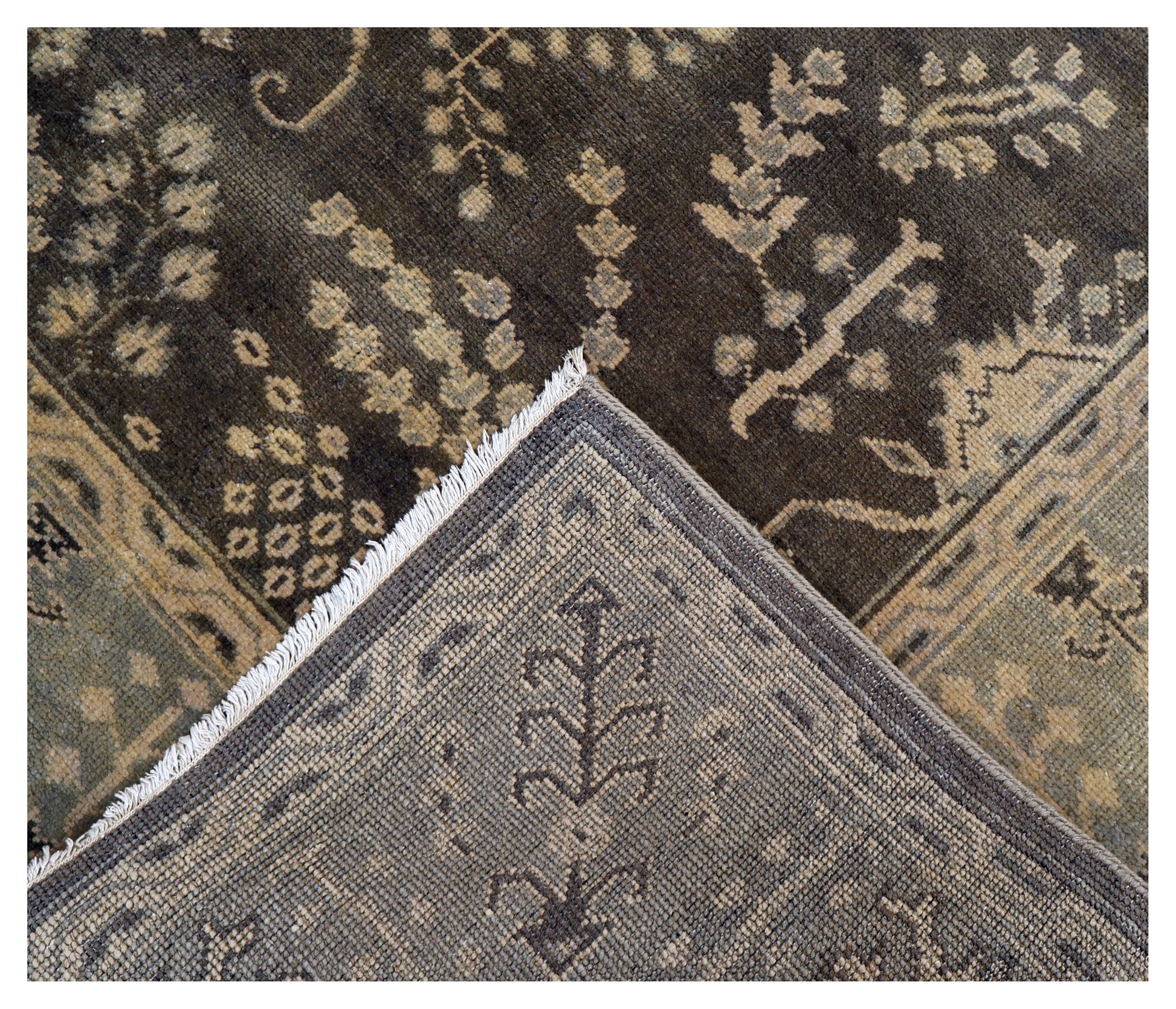 Vintage Brown Chocolate Gold Ivory Turkish Oushak Floral Vine Hand Knotted Wool Viscose 8x10 Bhadohi Area Rug
