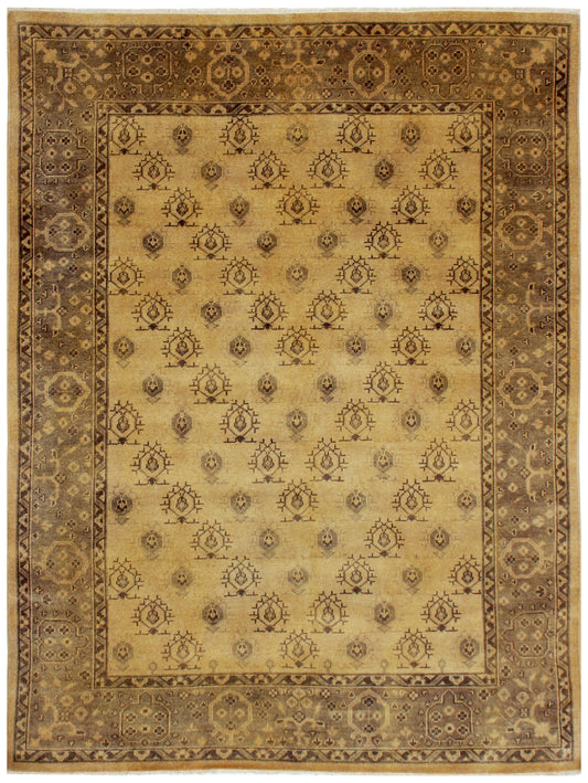 Gold Beige Taupe 8x10 Hand Knotted Wool Area Rug - Vintage Antique Oriental Oushak Geometric