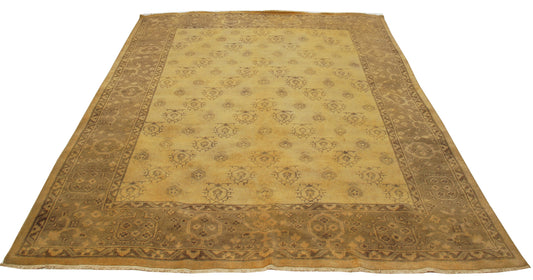 Gold Beige Taupe 8x10 Hand Knotted Wool Area Rug - Vintage Antique Oriental Oushak Geometric