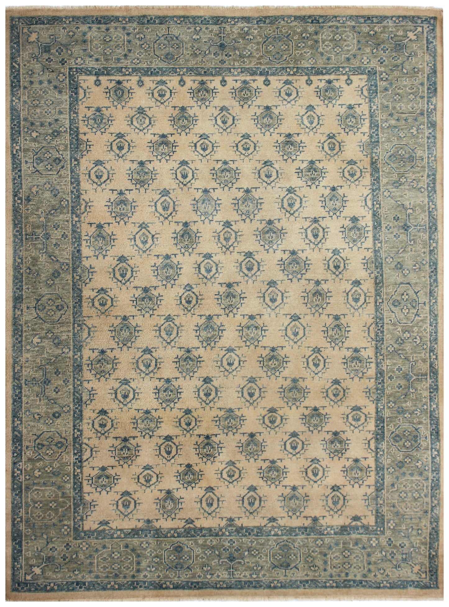 8x10 Beige Blue Wool Area Rug - Hand Knotted Oriental Geometric Style