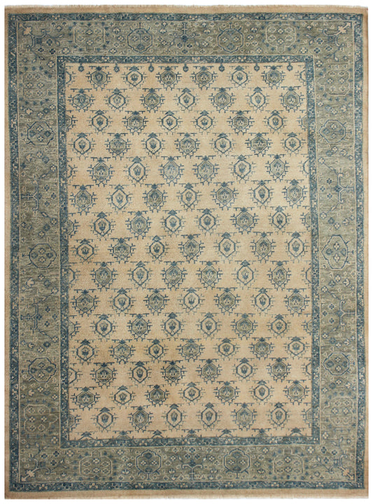 8x10 Beige Blue Wool Area Rug - Hand Knotted Oriental Geometric Style