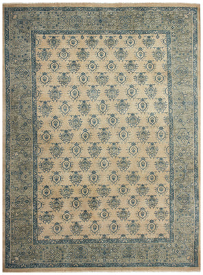 8x10 Beige Blue Wool Area Rug - Hand Knotted Oriental Geometric Style