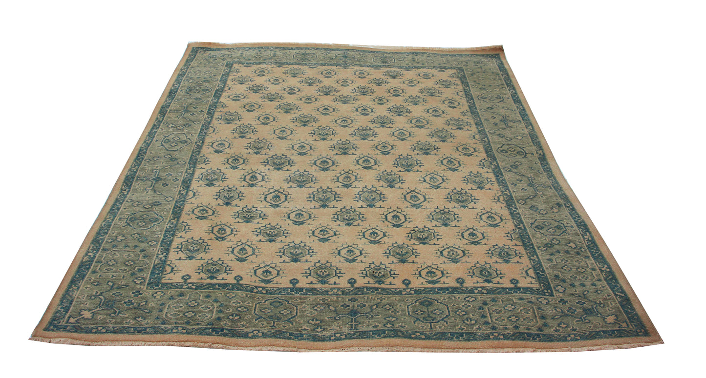 8x10 Beige Blue Wool Area Rug - Hand Knotted Oriental Geometric Style
